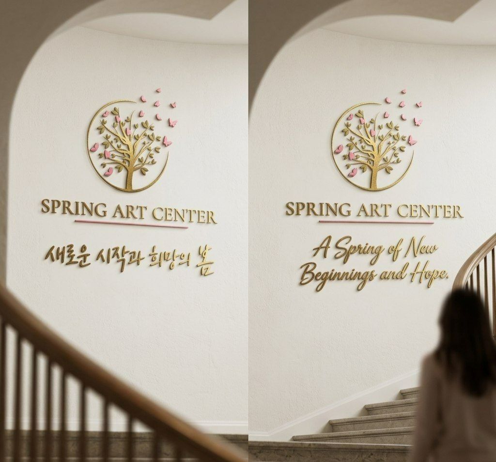 스프링아트센터 계단 브랜딩 디자인 - 로고와 Spring Art Center 사인